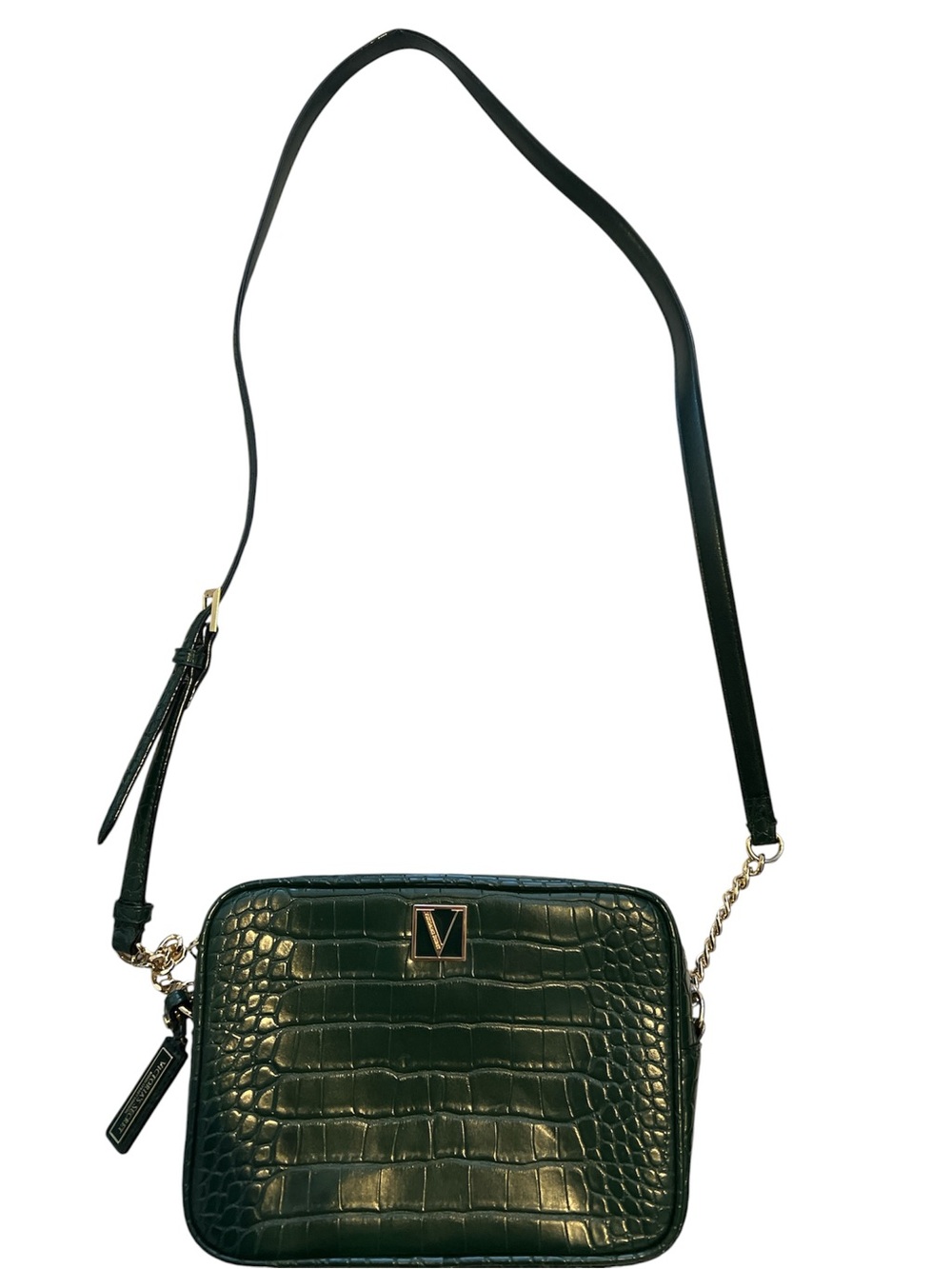 Victoria's Secret Dark Green Croc-Embossed Crossbody with Gold Hardware